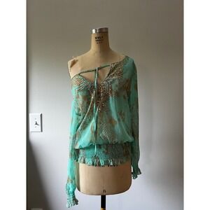 Arden B Teal Snakeskin Print Embellished Boho Festival Y2K 00s Blouse Medium